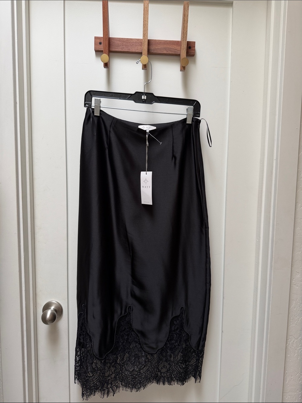 Wayf Black Satin Midi Skirt with Lace Hem